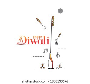 Rocket firecrackers in a pot with text of Happy Diwali -  ine art vector Background.