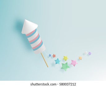 Rocket firework with pastel tone background in paper art style vector illustration