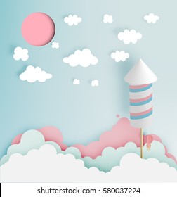 Rocket firework with pastel tone background in paper art style vector illustration