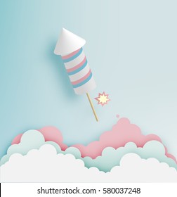 Rocket firework with pastel tone background in paper art style vector illustration