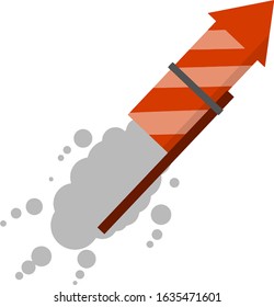 Rocket for fireworks. Celebration and entertainment. Firecracker and explosion. Cartoon flat illustration. Flying red object with grey smoke.