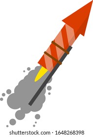 Rocket for fireworks. Firecracker and explosion. Cartoon flat illustration. Flying red object with grey smoke. Celebration and entertainment