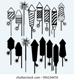 Rocket fireworks. Isolated on blue background. Vector silhouettes