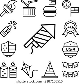 Icono de la bandera USA de los fuegos artificiales de cohetes en una colección con otros elementos