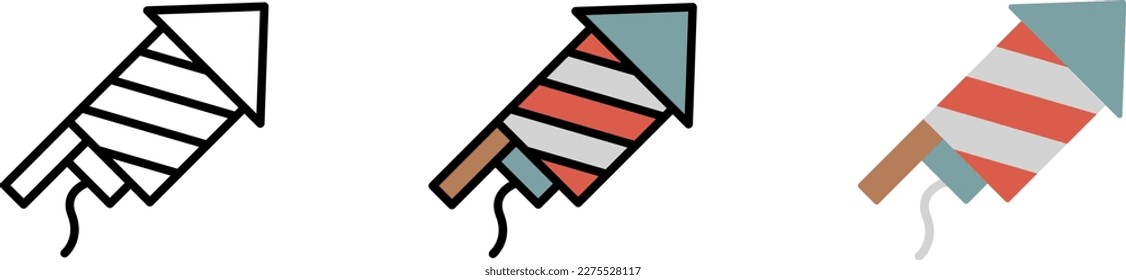 Icono vectorial de los fuegos artificiales de cohete de Estados Unidos en diferentes estilos. Línea, color, contorno relleno