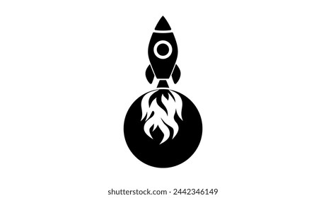 Rocket with flame, black isolated silhouette