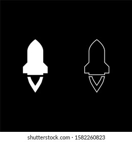Rocket with flame in flying Spaceship launching Space exploration War weapon concept icon outline set white color vector illustration flat style image