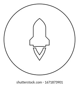 Cohetes con llama en vuelo Lanzamiento de naves espaciales Exploración espacial Icono de concepto de armas de guerra en contorno circular contorno negro ilustración vectorial estilo plano imagen