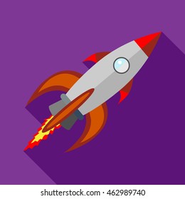 Rocket with flame icon in flat style on a purple background