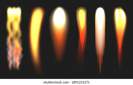 Rocket flame. Jets engine fire different shapes fireballs decent vector realistic illustrations