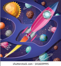 Rocket with flame and planets design vector illustration