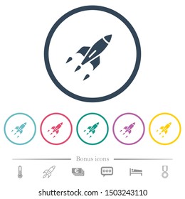 Rocket flat color icons in round outlines. 6 bonus icons included.