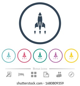 Rocket flat color icons in round outlines. 6 bonus icons included.