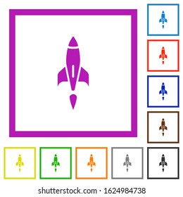 Rocket flat color icons in square frames on white background