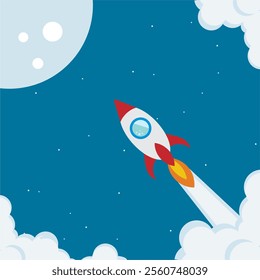 Rocket flat design concept for Project start up and development process.Space rocketship launch.
