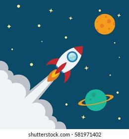 Rocket flat design concept for Project start up and development process.Space rocketship launch.