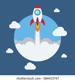 Rocket flat design concept for Project start up and development process.Space rocketship launch.