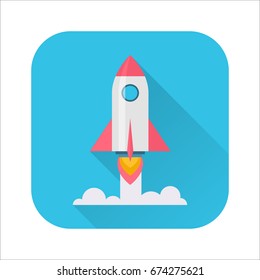 Rocket flat icon. Rocket launch, takeoff phase of the flight icon, new venture or project, start up, innovative plan. Cartoon illustration with long shadow on blue background. Business success concept