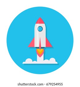 Rocket flat icon. Rocket launch, takeoff phase of the flight icon, new venture or project, start up, innovative plan. Cartoon illustration in rounded shape. Business success concept