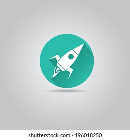 Rocket flat icon with long shadow on stylish turquoise background. vector illustration