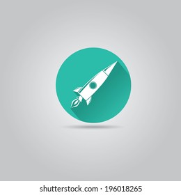 Rocket flat icon with long shadow on stylish turquoise background. vector illustration