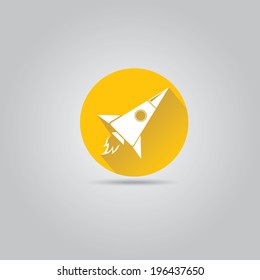 Rocket flat icon with long shadow on stylish orange background. vector illustration