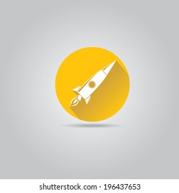 Rocket flat icon with long shadow on stylish orange background. vector illustration