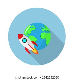 
rocket flat icon on planet earth background.Vector illustration in a simple style with a falling shadow. 10 eps.