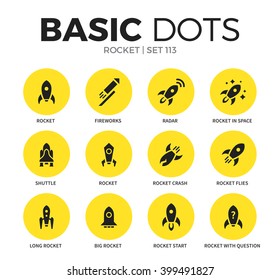 Rocket flat icons set with fireworks, radar and shuttle isolated vector illustration