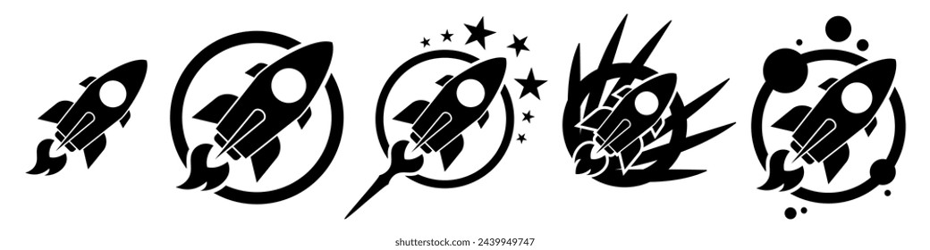 Rocket flat icons set. Rocket launch. Modern startup symbols. Vector illustration isolated on white background.
