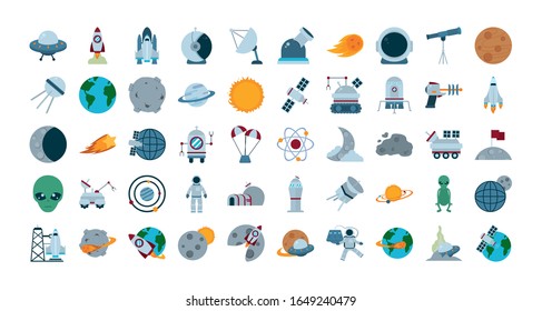 Rocket flat style icon of Space futuristic cosmos outside universe astronomy adventure and exploration theme Vector illustration
