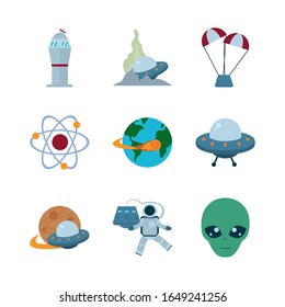 Rocket flat style icon of Space futuristic cosmos outside universe astronomy adventure and exploration theme Vector illustration