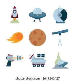 Rocket flat style icon of Space futuristic cosmos outside universe astronomy adventure and exploration theme Vector illustration