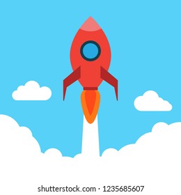 Rocket in flat style illustration,  rocket flying over cloud. beautiful scenery with white clouds
