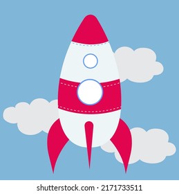 Rocket in flat style. Vector stock illustration. Blue background with clouds. Symbol of start and rise. Startup.