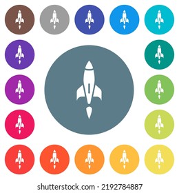 Rocket flat white icons on round color backgrounds. 17 background color variations are included.