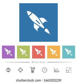 Rocket flat white icons in square backgrounds. 6 bonus icons included.