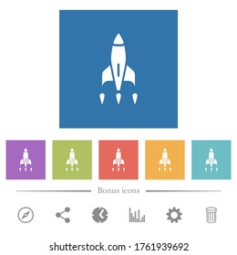 Rocket flat white icons in square backgrounds. 6 bonus icons included.