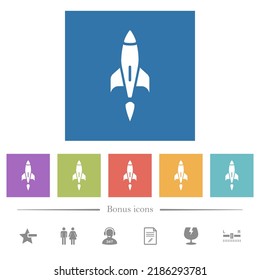 Rocket flat white icons in square backgrounds. 6 bonus icons included.