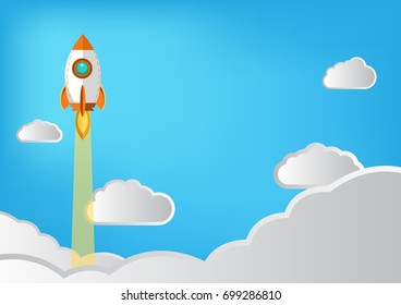 Rocket flew to the sky through the clouds. flat illustrator vector design , Illustrator for business product on a market concept