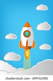 Rocket flew to the sky through the clouds. flat illustrator vector design , Illustrator for business product on a market concept