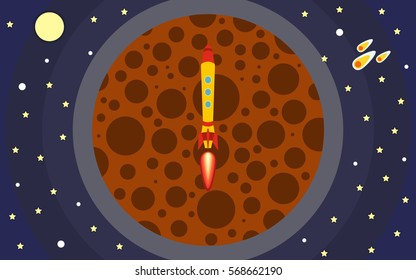 The rocket flies against the backdrop of the planet. Space travel. Vector illustration with flying rocket.
