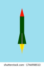 Eine Rakete fliegt gegen einen blauen Himmel. Vorlage für Text. Poster. Werbung auf der Plakatwand. Tragödie. Kein Krieg. Ärger. Hintergrundbild des Vektors. Militärischer Konflikt. Gefahr. Ort für Text.