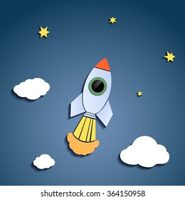 Rocket flies against the sky. Cartoon image. Stock vector illustration