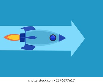Rocket flies along the arrow pointing forward. Vector illustration