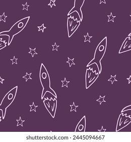 rocket flies among the stars seamless pattern. hand drawn doodle style.