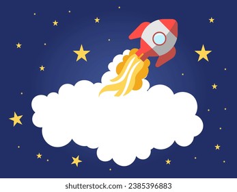 Rocket flies among the stars and space for text. Flat vector illustration. Symbol of achieving success in business.