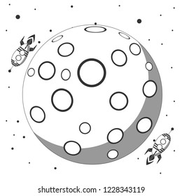 rocket flies around the moon flat design icon isolated on white background. Stock flat vector illustration.
