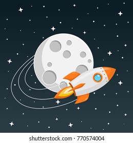 Rocket Flies Around The Moon Flat Design Icon