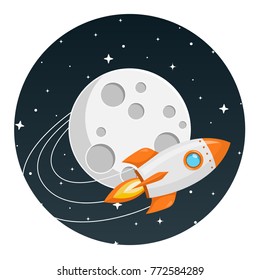 Rocket Flies Around The Moon Flat Design Icon Isolated On White Background